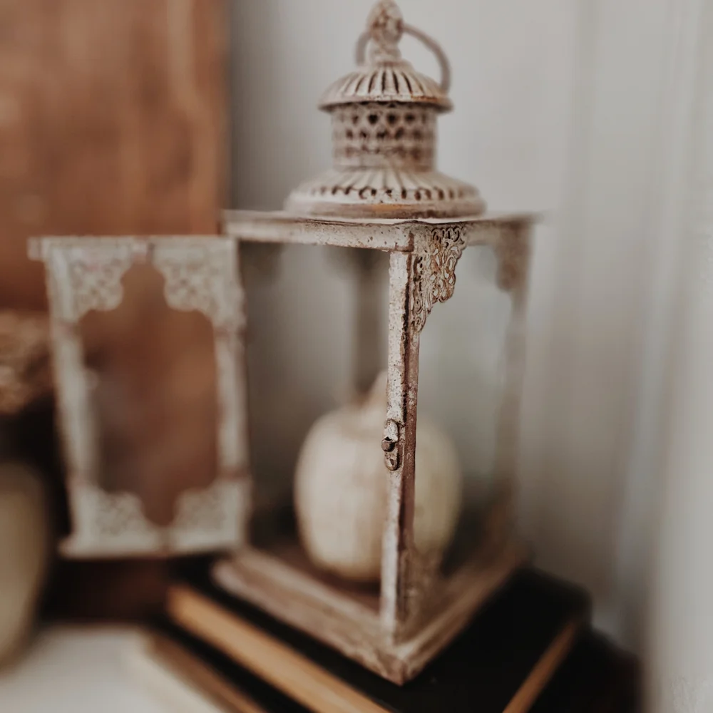 Vintage Inspired Brown & Off White Rustic Metal Lantern - Picture 3 of 5